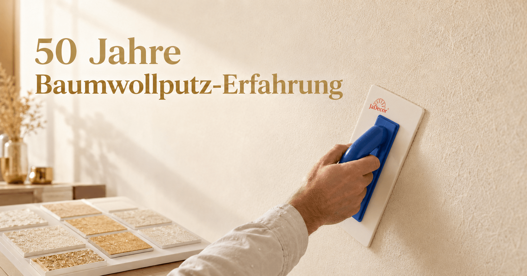 KI-generiertes Titelbild: JaDecor Baumwollputz wird mit einer Kunststoff-Glättkelle auf eine Wand aufgetragen, passend zum Blogartikel über 50 Jahre Baumwollputz-Erfahrung.