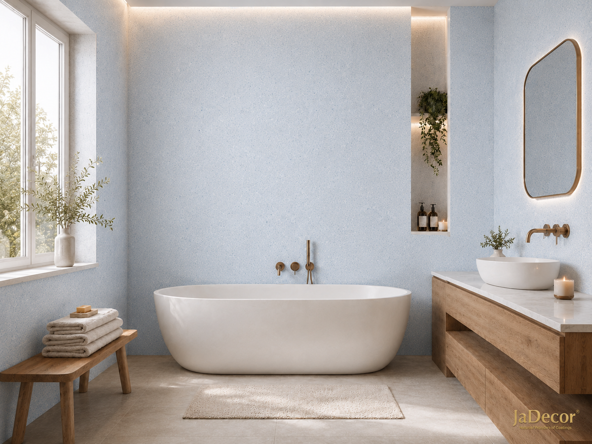 Baumwollputz im Bad – Sajade Wandbelag in hellem Blauton, freistehende Badewanne mit Goldarmatur und Holzwaschtisch (Visualisierung)