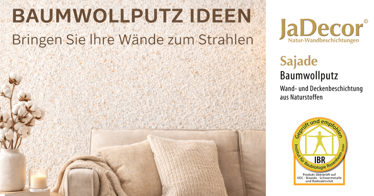 Baumwollputz & Flüssigtapete Ideen – Sajade Wand- und Deckenbeschichtung aus Naturstoffen von JaDecor, baubiologisch geprüft und empfohlen vom IBR – KI-generiertes Stimmungsbild