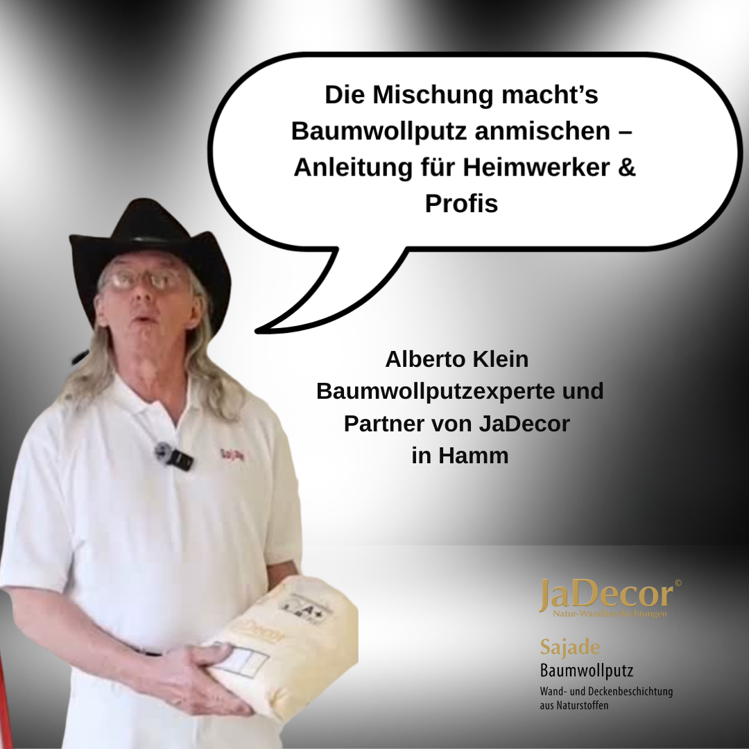 Sajade Baumwollputz wird in einem Eimer mit Wasser angemischt – Schritt-für-Schritt-Anleitung von JaDecor-Partner Alberto Klein.