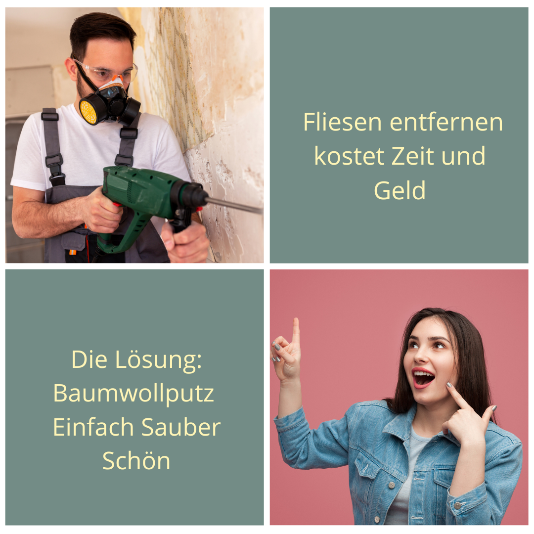 KI-generierte Visualisierung: Badezimmer mit Sajade Baumwollputz direkt auf Fliesen aufgetragen – moderne, fugenlose Wandoberfläche aus natürlichen Baumwollfasern.