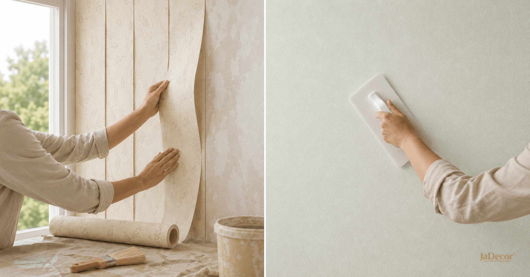 Vergleich Tapete vs. Baumwollputz: links Person beim Tapezieren einer Wand, rechts Auftragen von Baumwollputz mit Glättkelle (KI)
