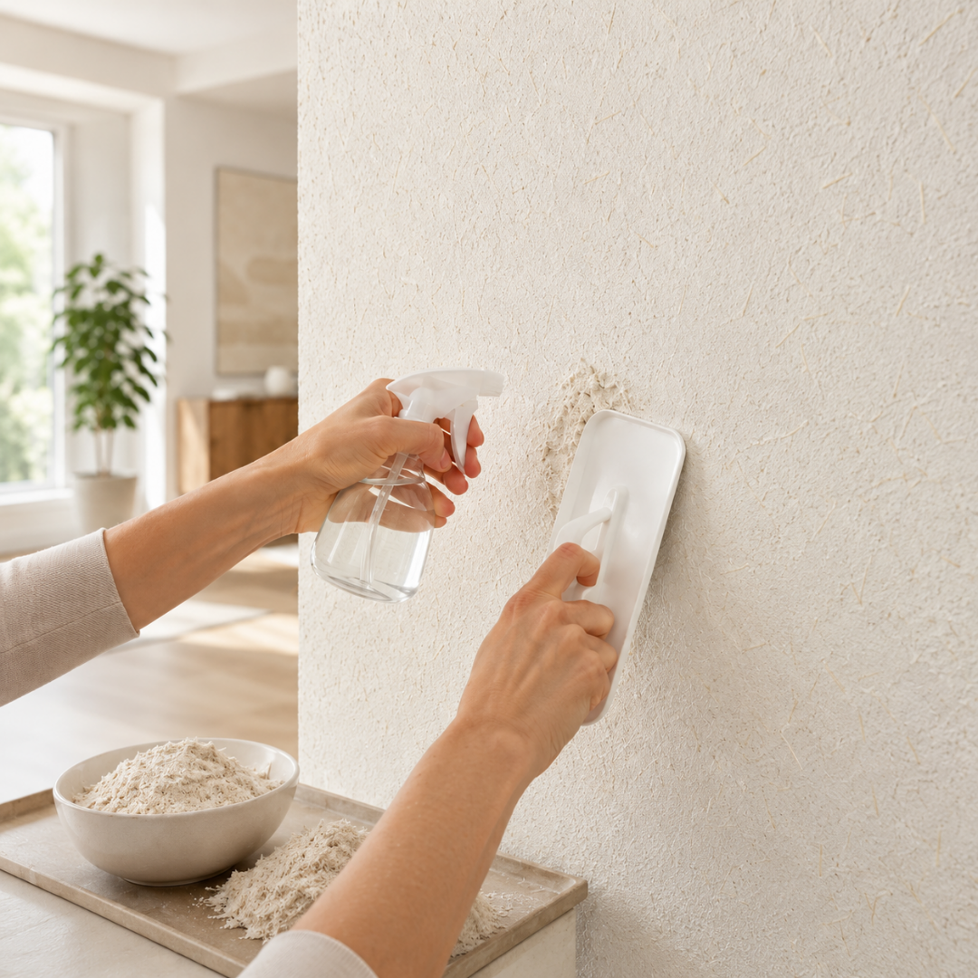 KI-generiertes Beispielbild: Eine kleine beschädigte Stelle in einer hellen Sajade Baumwollputz-Wand wird mit Wasser angefeuchtet und mit einer Kunststoff-Glättkelle ausgebessert.