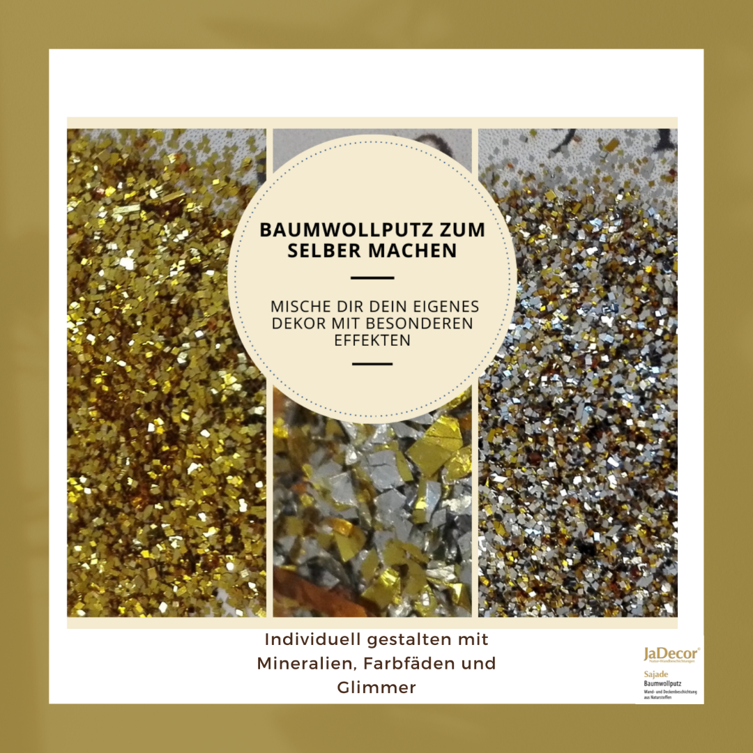 Sajade Baumwollputz mit Glitzer- und Glimmer-Effekt in Gold- und Silbertönen – dekorative Wandbeschichtung aus natürlichen Baumwollfasern von JaDecor.