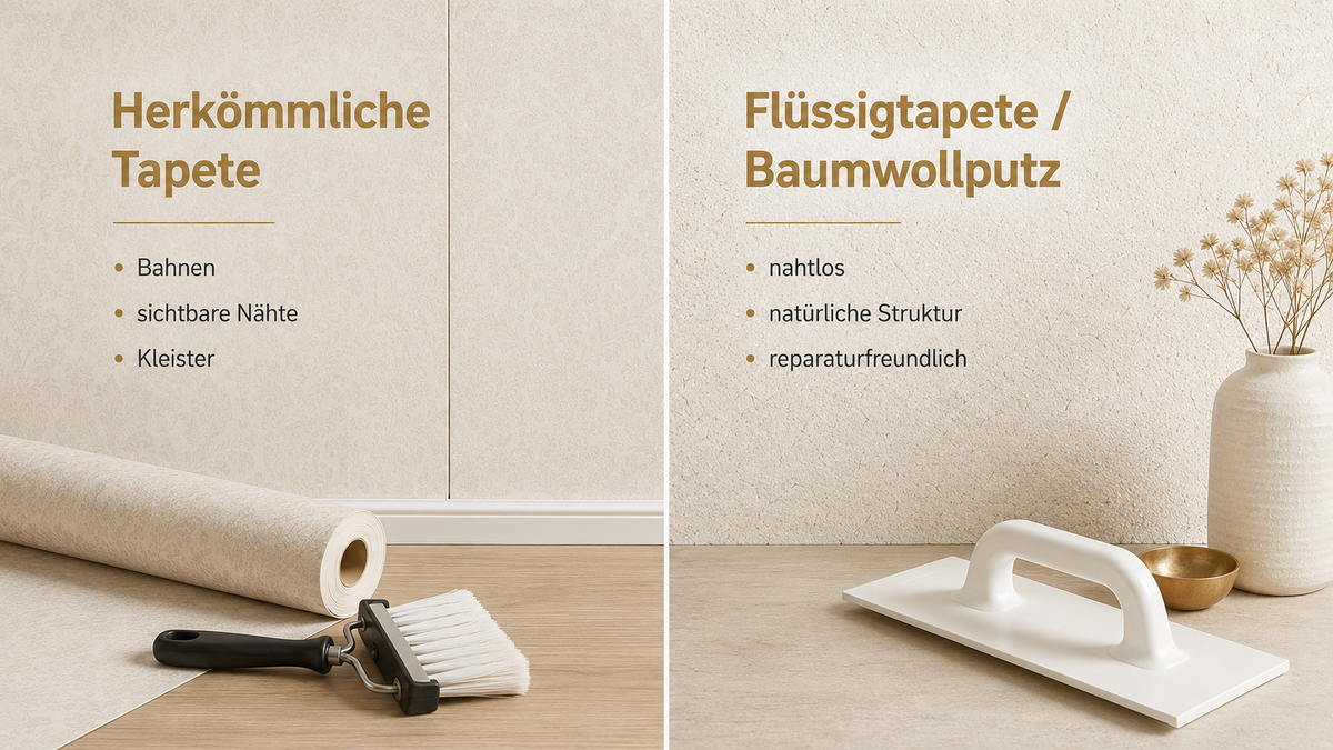 Baumwollputz & Flüssigtapete Sajade im Vergleich zur klassischen Tapete – natürliche Wandbeschichtung von JaDecor – KI-generiertes Bild