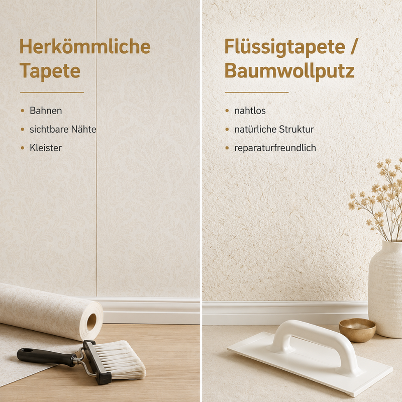 Flüssigtapete vs. klassische Tapete – Vergleich Baumwollputz Sajade von JaDecor