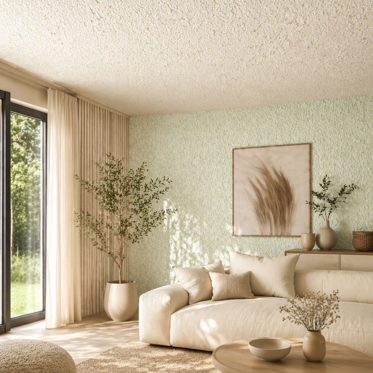 Modernes Wohnzimmer mit Baumwollputz an Decke und Wand in den Farbtönen Sajade Riga 46 und Sajade Grace 3 von JaDecor.