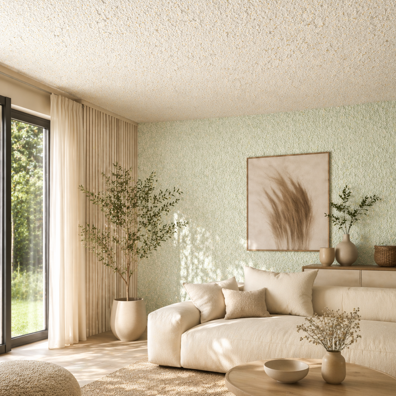 Modernes Wohnzimmer mit Baumwollputz an Decke und Wand in den Farbtönen Sajade Riga 46 und Sajade Grace 3 von JaDecor.