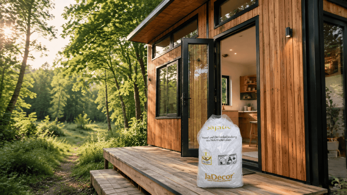 KI-Visualisierung eines modernen Tiny Houses am Waldrand mit sichtbarem Sajade Baumwollputz-Gebinde für eine natürliche Wandgestaltung.