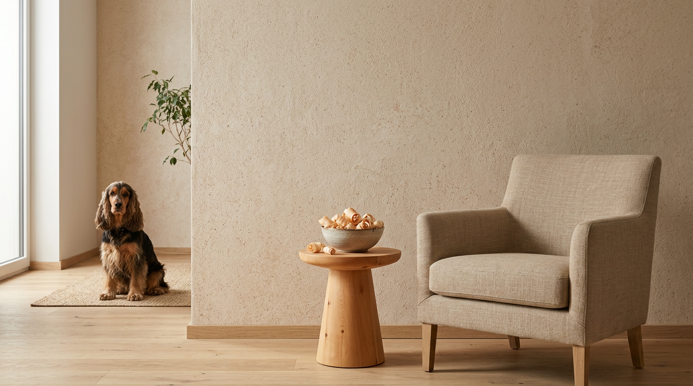 Wohnzimmer mit Baumwollputz Sajade an der Wand – natürlicher Wandbelag mit Zirbenduft von JaDecor