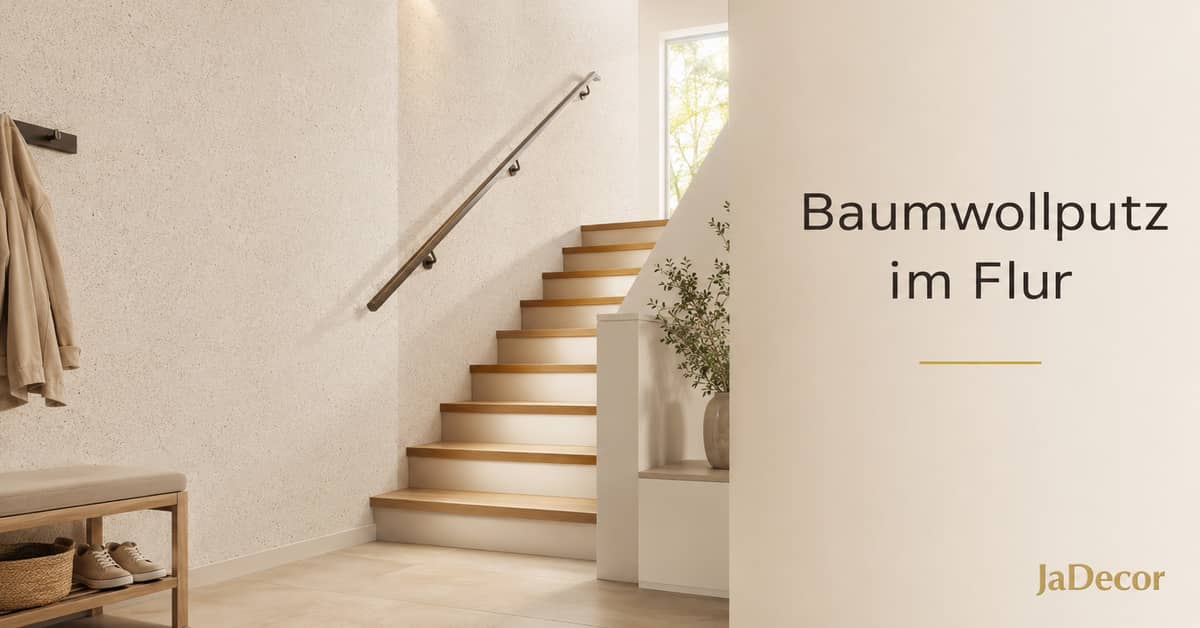 KI-generierte Visualisierung eines hellen Flurs mit Treppenhaus und natürlicher Baumwollputz-Wandbeschichtung von Sajade JaDecor.
