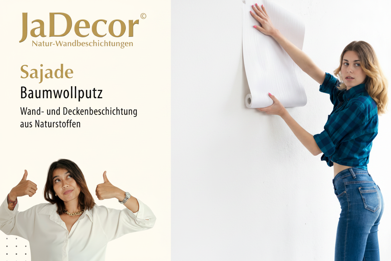 JaDecor Sajade Baumwollputz – Frau klebt Tapete an Wand im Vergleich zu Baumwollputz als natürliche Wandbeschichtung, zweite Frau zeigt Daumen hoch
