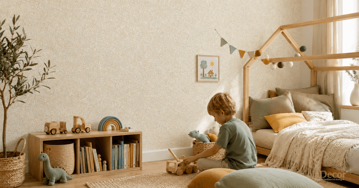 Kinderzimmer mit natürlicher Wandgestaltung aus Sajade Baumwollputz im Dekor Bama 9 von JaDecor, KI-generierte Wohnraumszene zur Veranschaulichung.
