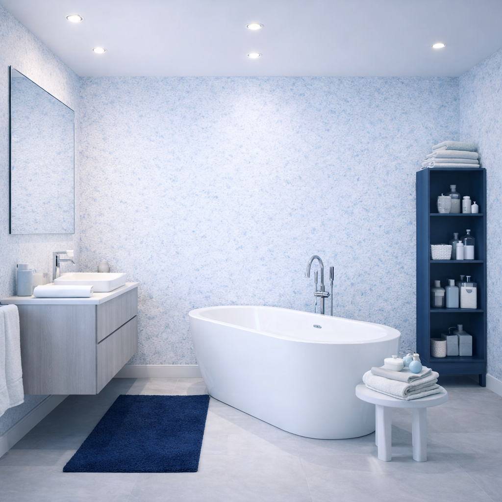 Beispielbild: Modernes Badezimmer mit freistehender Badewanne, hellblau-weißem Baumwollputz Sajade Janina 5A1 mit feiner Faserstruktur, schwebendem Waschtisch, dunkelblauem Teppich und stehendem Regal mit Badaccessoires.