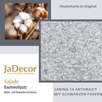 Musterkarte der Flüssigtapete und des Baumwollputzes Sajade Janina 14 in Anthrazit mit langer Faser und feinen schwarzen Fasern.
