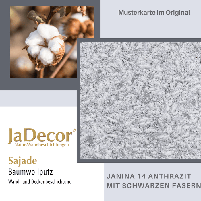 Musterkarte der Flüssigtapete und des Baumwollputzes Sajade Janina 14 in Anthrazit mit langer Faser und feinen schwarzen Fasern.