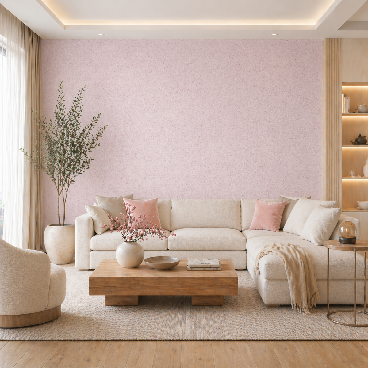 Beispielbild eines modernen Wohnzimmers mit Baumwollputz und Flüssigtapete Sajade Silvana 3 in sanftem Rosé, fokusstarke Akzentwand mit heller Einrichtung und natürlichen Materialien