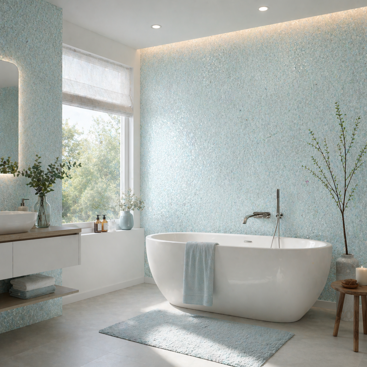 Beispielbild: Elegantes Badezimmer mit freistehender Badewanne und Baumwollputz Sajade Südsee 6 als Wandbelag – nahtlose Flüssigtapete in hellen Blau- und Türkistönen für modernes Raumdesign