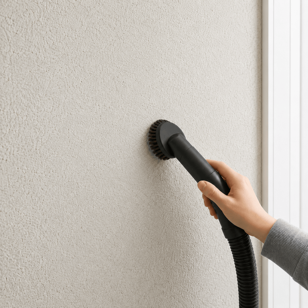 Baumwollputz- bzw. Flüssigtapetenwand wird mit einem Staubsauger und Bürstenaufsatz schonend trocken gereinigt, KI-gestützte Darstellung.