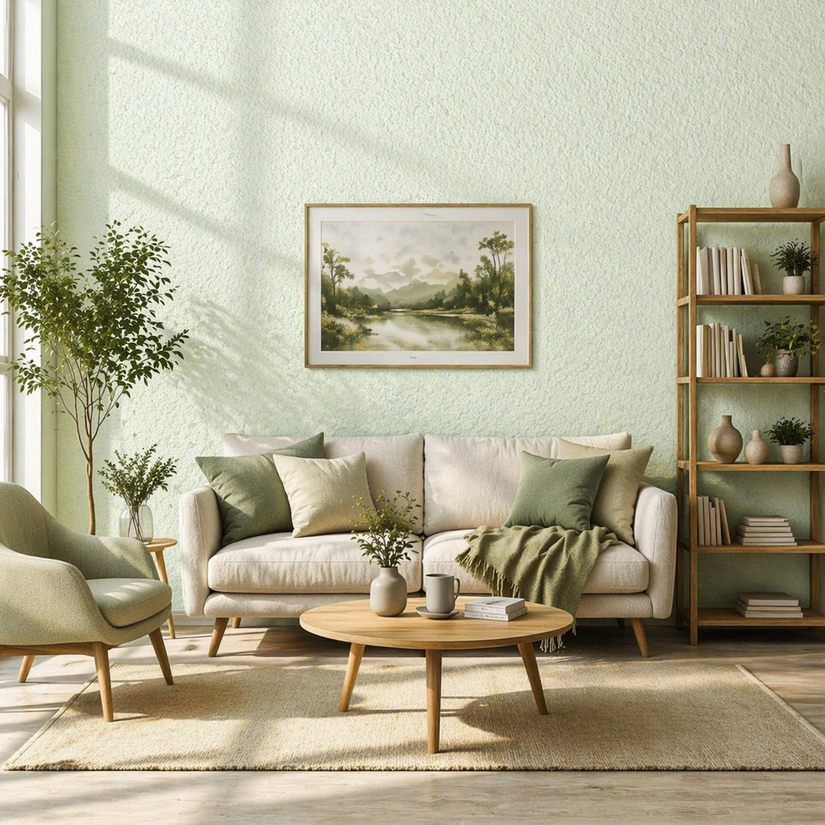 Beispielbild: Helles, modernes Wohnzimmer mit nahtloser Wandgestaltung aus Sajade Grace 3 Baumwollputz in sanftem Grün. Feine Naturfaser-Struktur sorgt für eine ruhige, hochwertige Oberfläche. Einrichtung im skandinavischen Stil mit Sofa, Sessel und Holzdetails, durchflutet von natürlichem Tageslicht.