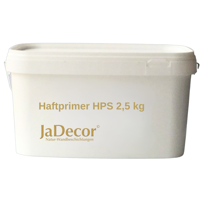 Weißer Eimer HPS Haftprimer 2,5 kg von JaDecor – Spezial-Haftgrund für Polyesterplatten, Ölfarben, Fliesen, PVC- und Linoleumbeläge als Untergrundvorbereitung für Baumwollputz und Flüssigtapete.