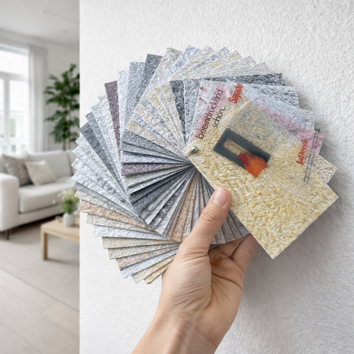 Hand hält einen Musterfächer mit Baumwollputz & Flüssigtapete (Sajade von JaDecor) an eine Wand in einem hellen, modernen Wohnzimmer – ideal zur Auswahl des passenden Wanddekors.