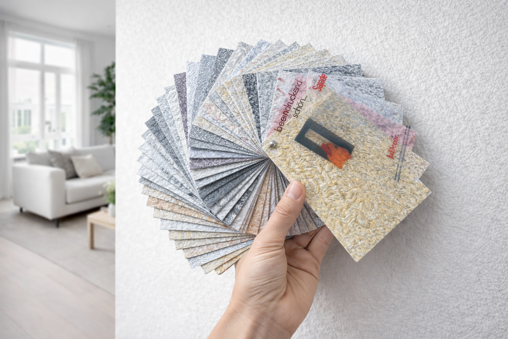 Hand hält einen Musterfächer mit Baumwollputz & Flüssigtapete (Sajade von JaDecor) an eine Wand in einem hellen, modernen Wohnzimmer – ideal zur Auswahl des passenden Wanddekors.