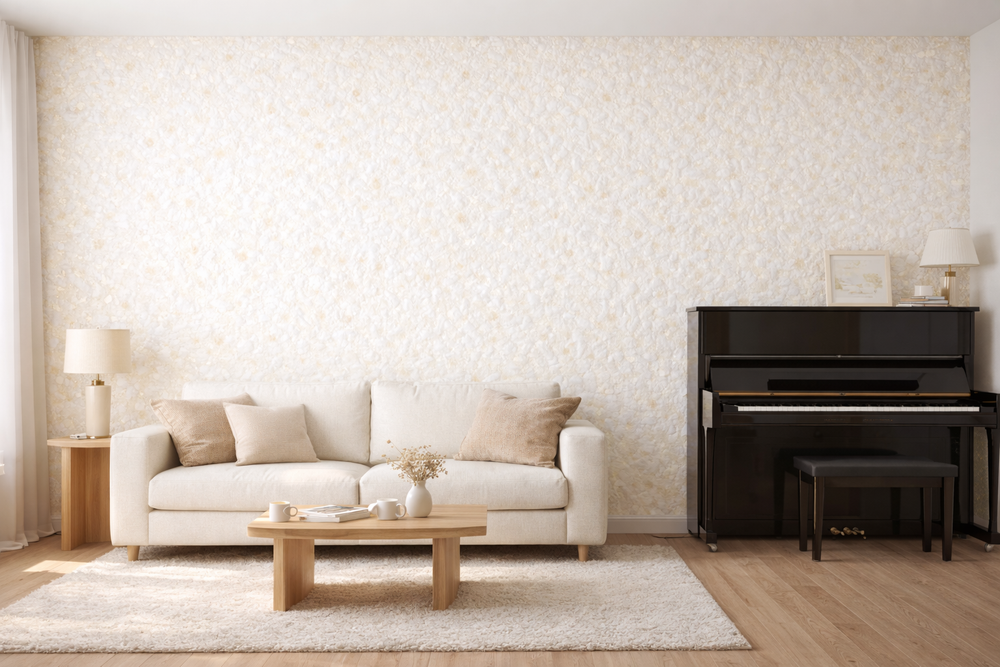 Helles Wohnzimmer mit Klavier und Sofa, gestaltet mit Sajade Baumwollputz Bama 7 von JaDecor in Cremeweiß mit langen Fasern und feinem Goldglimmer – natürliche, wohnliche Wandbeschichtung. Beispielbild