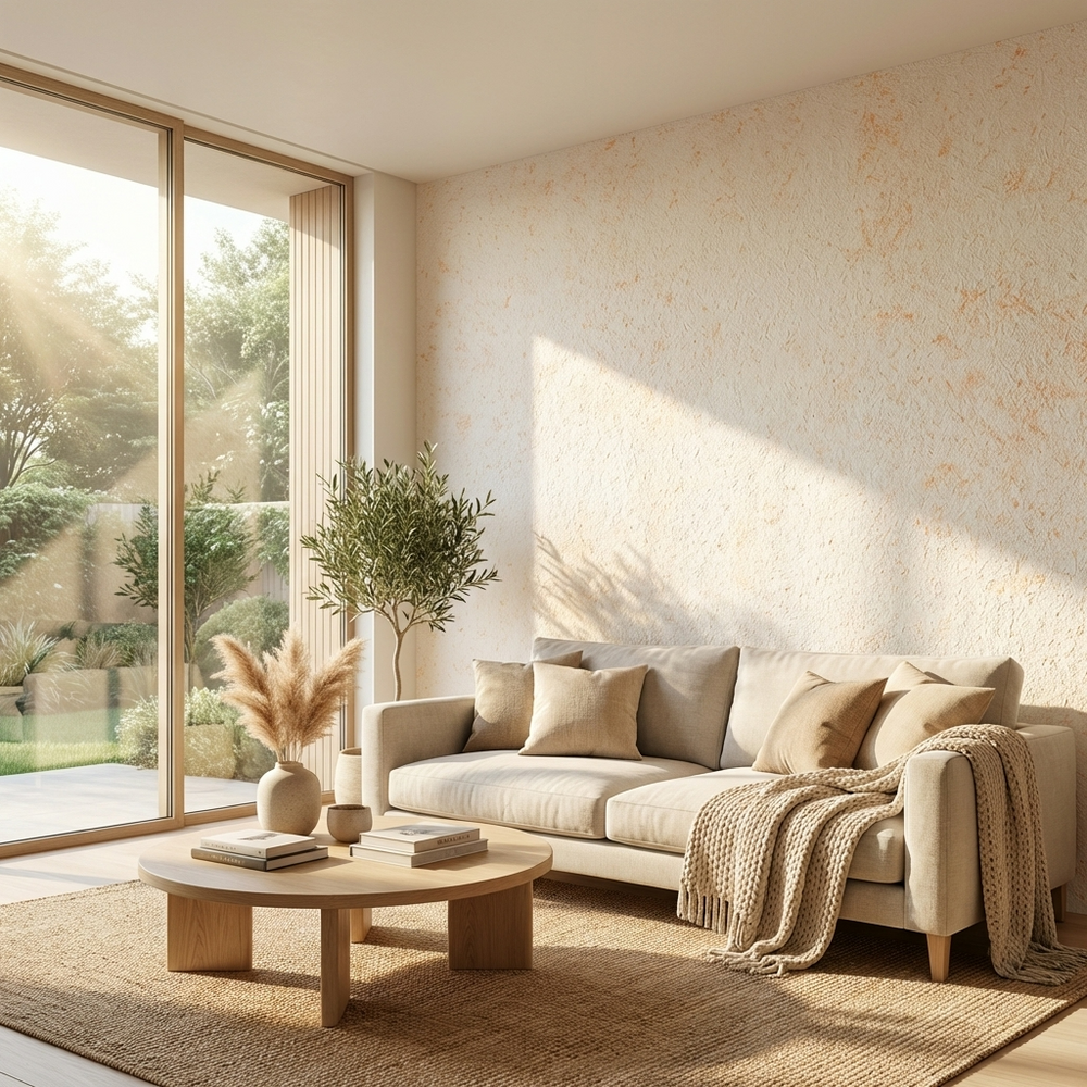 Wohnzimmer im Morgenlicht mit bodentiefen Fenstern und natürlicher Wandgestaltung aus Sajade Baumwollputz Kreta 2 von JaDecor – moderne, strukturierte Natur-Wandbeschichtung.