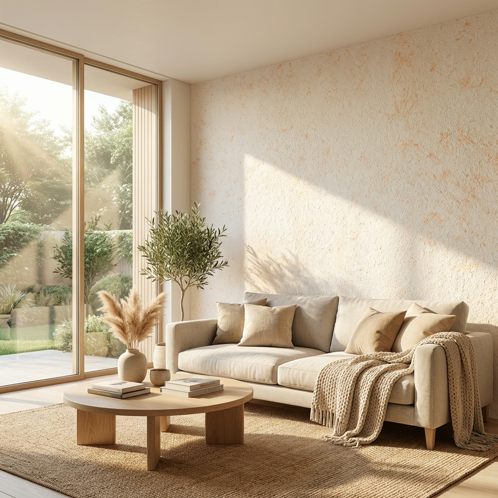 Wohnzimmer im Morgenlicht mit bodentiefen Fenstern und natürlicher Wandgestaltung aus Sajade Baumwollputz Kreta 2 von JaDecor – moderne, strukturierte Natur-Wandbeschichtung.