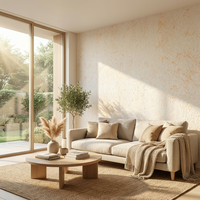 Wohnzimmer im Morgenlicht mit bodentiefen Fenstern und natürlicher Wandgestaltung aus Sajade Baumwollputz Kreta 2 von JaDecor – moderne, strukturierte Natur-Wandbeschichtung.