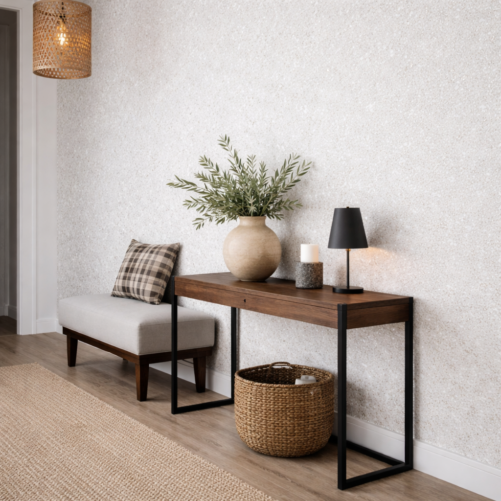 Beispielbild: Moderner, heller Flur mit Baumwollputz Sajade Janina 9A1 von JaDecor – dezente Struktur mit feinen Fasern und silbernen Glimmereffekten, kombiniert mit kontrastreichen Möbeln aus Holz und Schwarz für eine natürliche, hochwertige Atmosphäre.
