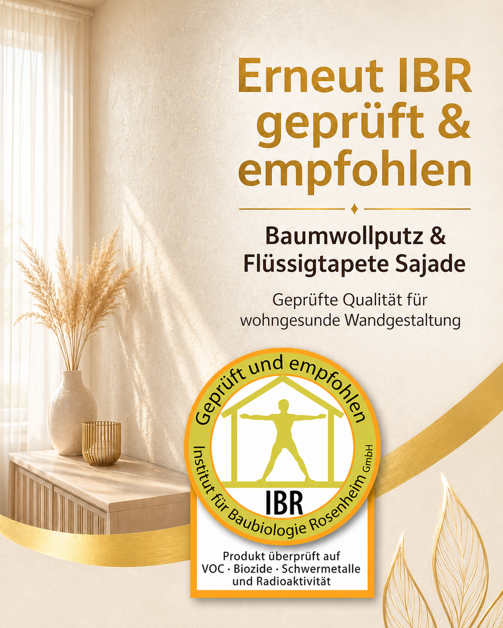 Beispielbild: Sajade Baumwollputz & Flüssigtapete von JaDecor mit IBR-Prüfsiegel „geprüft und empfohlen“ in einem hellen, natürlichen Wohnambiente.