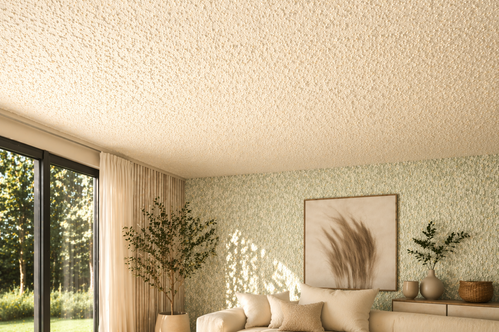 Beispielbild: Heller, moderner Wohnraum im Querformat mit klarem Fokus auf eine helle, nahtlose Zimmerdecke aus Baumwollputz beziehungsweise Flüssigtapete. Die Decke zeigt eine feine, natürliche Struktur in warmem Cremeweiß, sanft ausgeleuchtet durch Tageslicht. Dezente Einrichtung mit Sofa, Pflanzen und natürlichen Materialien unterstreicht die ruhige, hochwertige Raumwirkung.