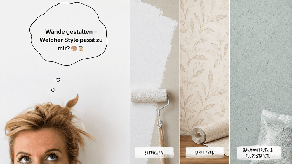 Vergleich von Streichen, Tapezieren und Baumwollputz bzw. Flüssigtapete von JaDecor bei der Wandgestaltung – KI-visualisiertes Titelbild.
