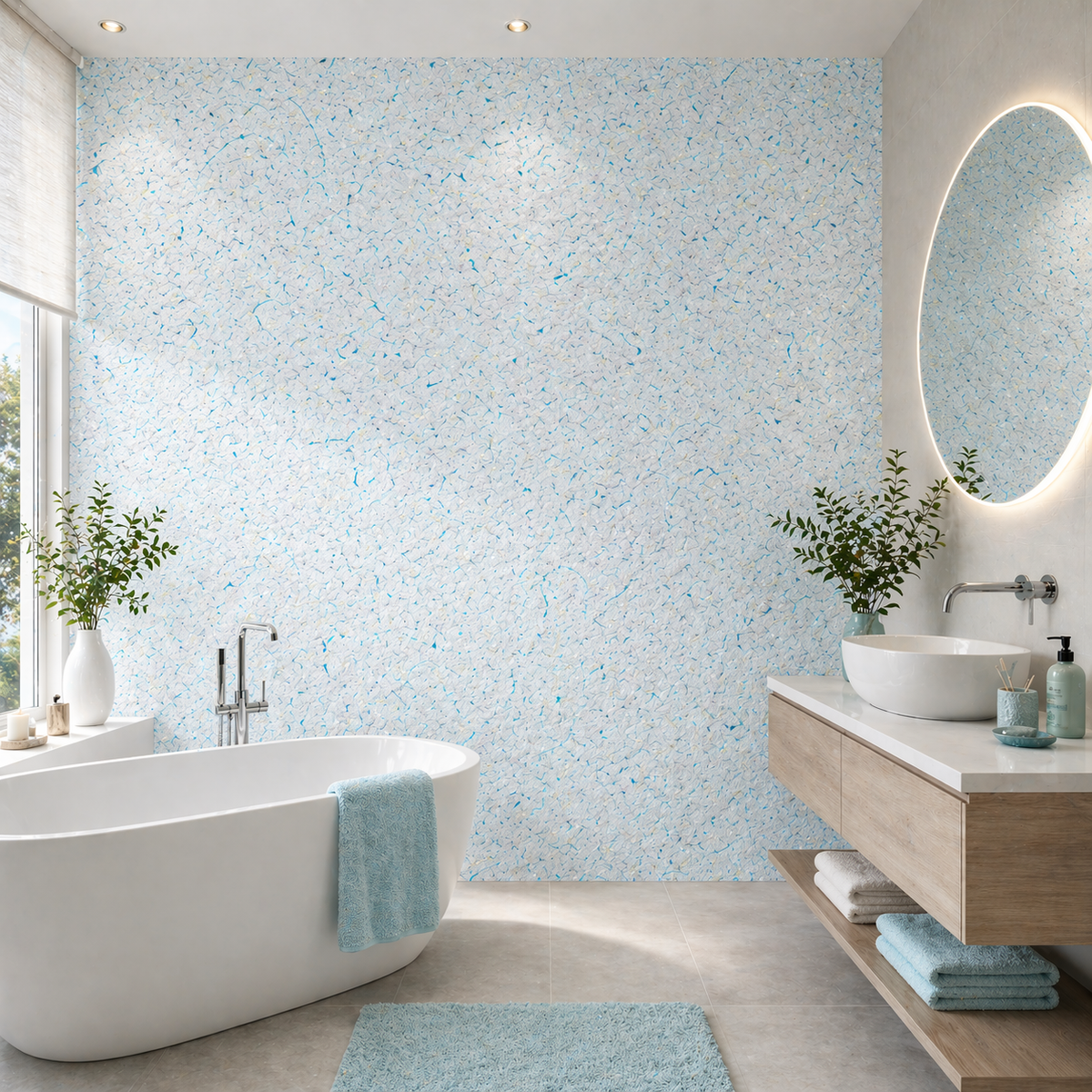 Beispielbild: Modernes Badezimmer mit freistehender Badewanne und Wandgestaltung aus Baumwollputz & Flüssigtapete Sajade Südsee 5D von JaDecor – helle, natürliche Oberfläche mit dezent betonten türkisfarbenen Fäden für eine stilvolle, wohnliche Atmosphäre