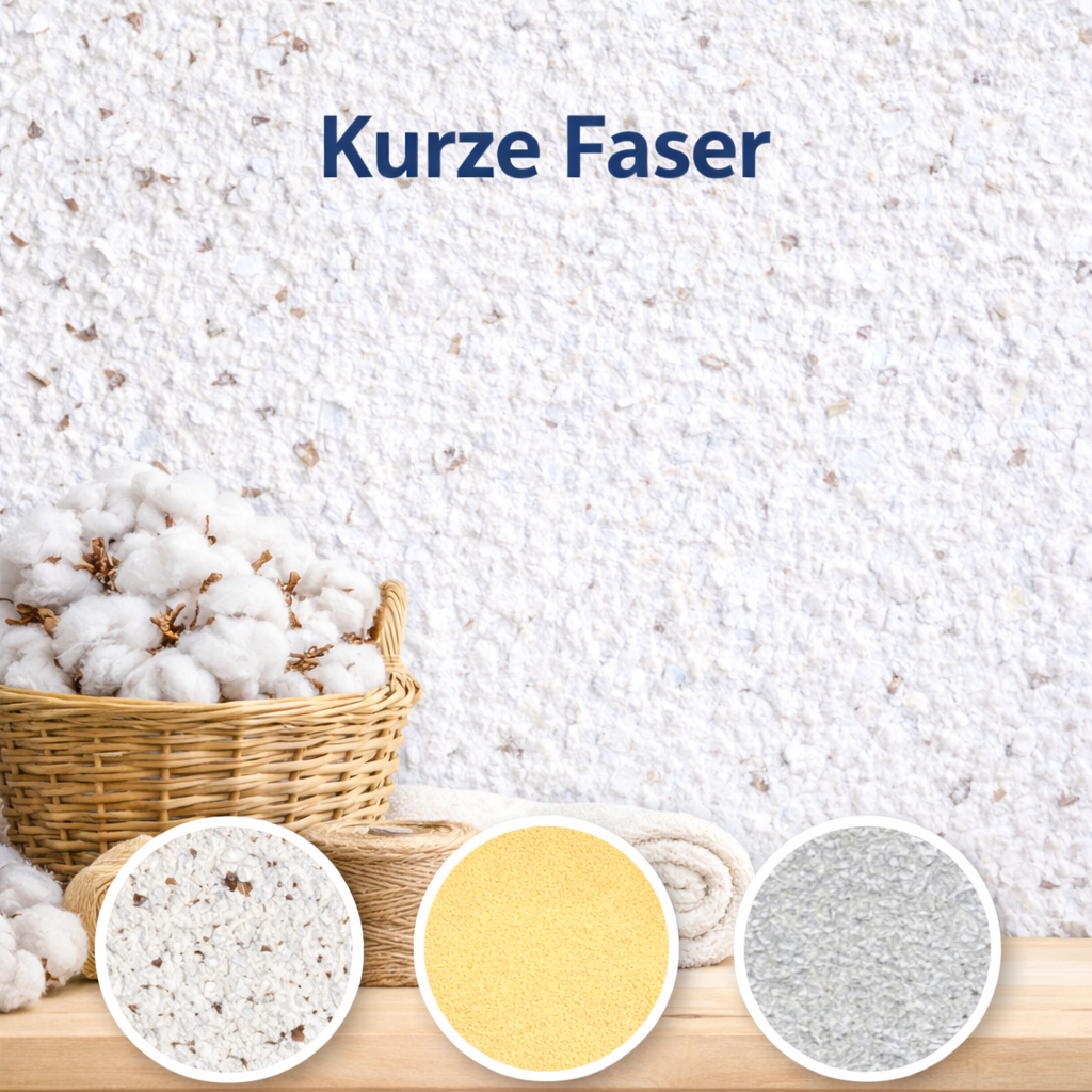 Grafik „Kurze Faser“: Struktur von Sajade Baumwollputz & Flüssigtapete als Wandoberfläche, dazu Baumwolle im Korb, Handtücher und drei Musterkreise (weiß, gelb, grau).