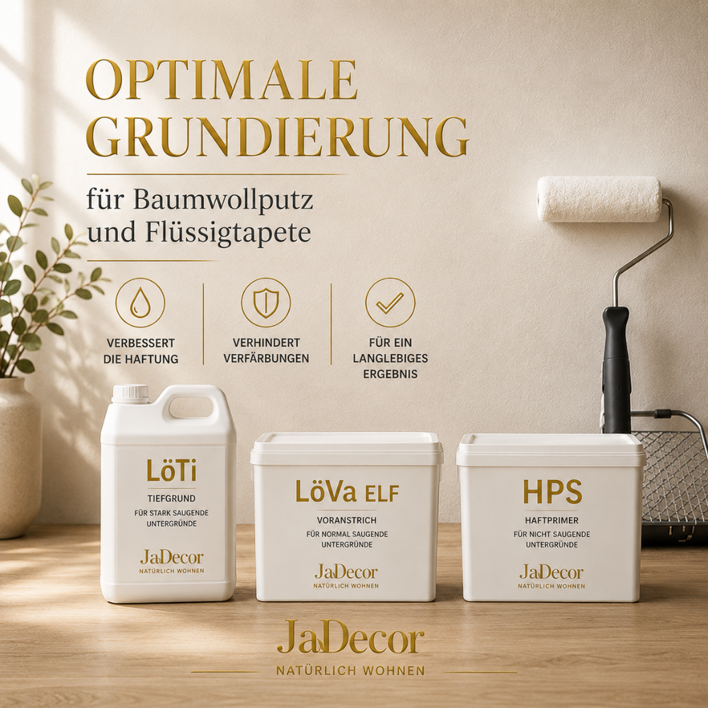 LöTi Tiefgrund, LöVa ELF Voranstrich und HPS Haftprimer von JaDecor zur optimalen Vorbereitung von Baumwollputz und Flüssigtapete auf verschiedenen Untergründen.